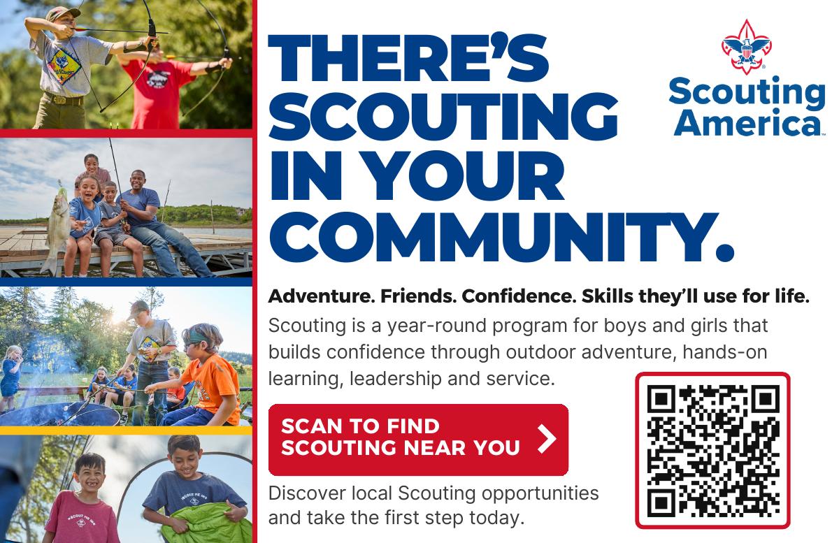 There’s Scouting in Your Community landscape campaign postcard featuring four activity photos on the left